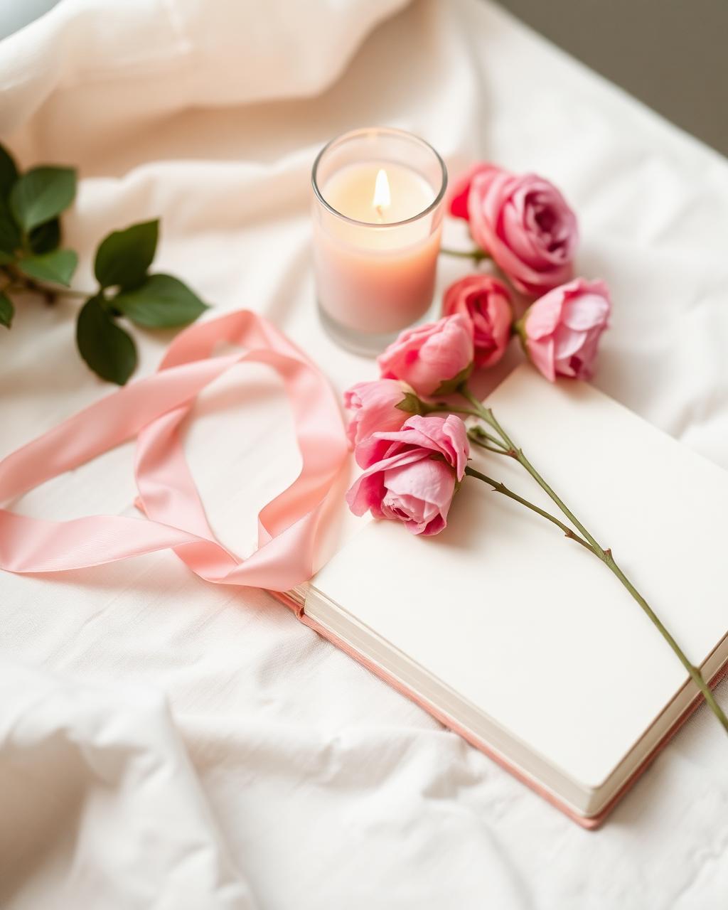 Soft still life of a lit candle, pink silk ribbon, dried roses and an open journal on cream linen